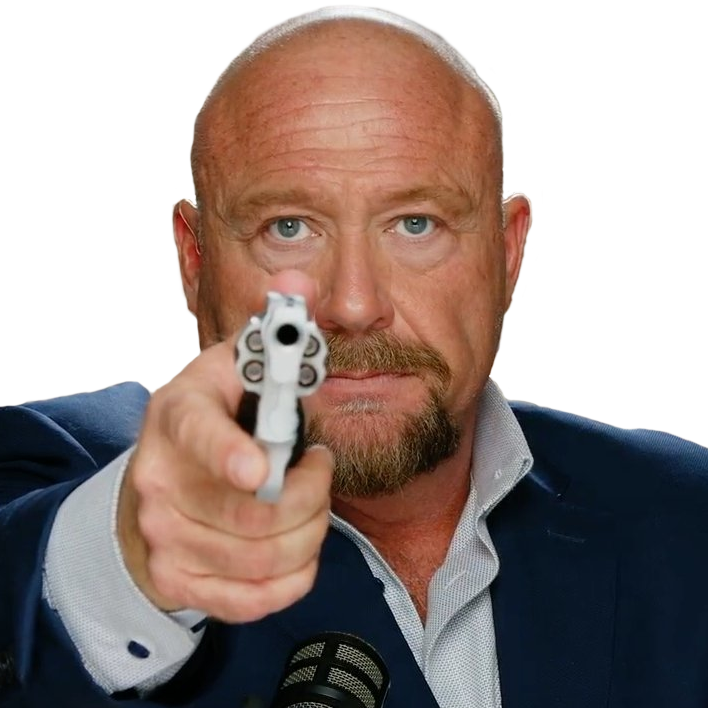 Alex Jones pointing a gun at you, looking badass.